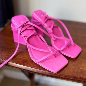 Bar III Tie-Up Geometric Heel Open Toe Pink Faux Leather Sandal